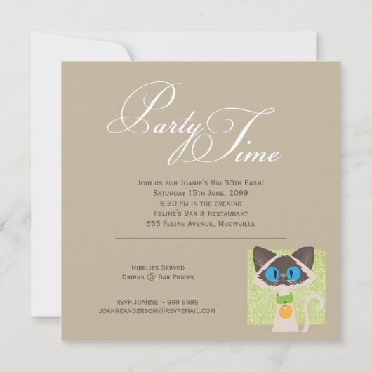 Invitation Funny Siamese Cat Script 30e anniversaire fête (Dos)