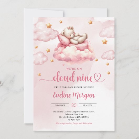 Invitation Funny Sleeping teddy ourson nuage 9 fille baby sho (Devant)