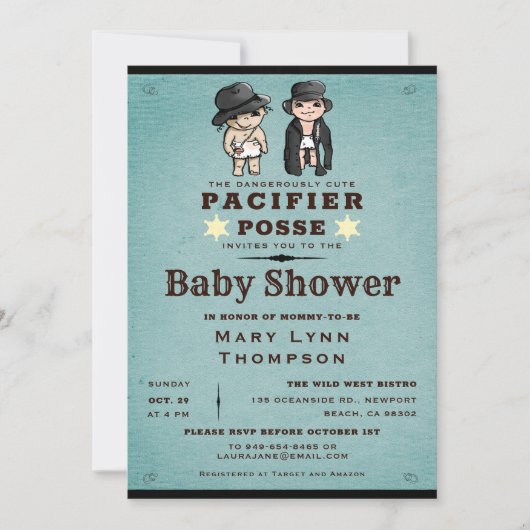 Invitation Funny Twins Pacifier Posse Baby shower occidental (Devant)