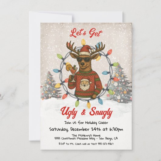 Invitation Funny Ugly Christmas Sweater Reindeer Cocktail (Devant)
