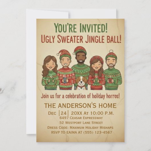 Invitation Funny Ugly Sweater Jingle Ball Retro Christmas (Devant)