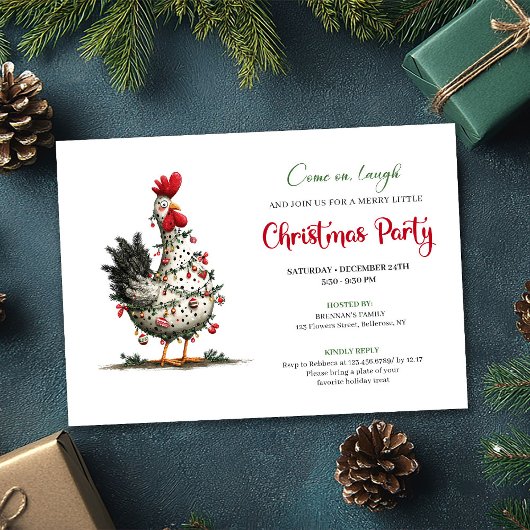 Invitation Funny Watercolor Chicken Festive Christmas Invite