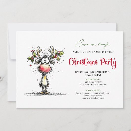 Invitation Funny watercolor reindeer Christmas party invite (Devant)