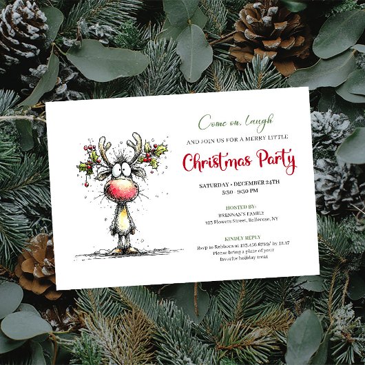 Invitation Funny watercolor reindeer Christmas party invite