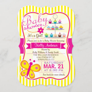 Invitation Fuschia Baby shower de fille papillon rose et jaun