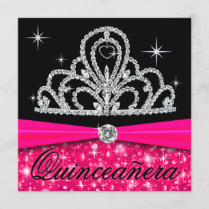 Invitation Fuschia Black Quinceanera Princesse Tiara Bling