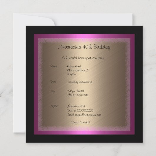Invitation Fuschia Bronze Glamor sur l'anniversaire noir (Devant)