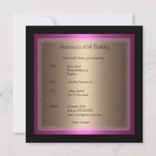 Invitation Fuschia Bronze Glamour sur fond Noir Anniversaire