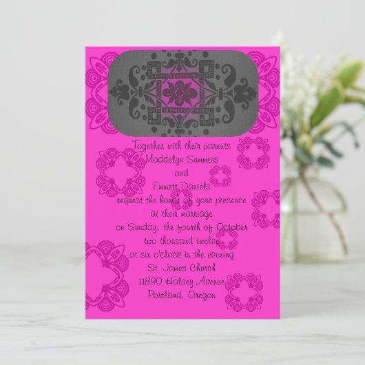 Invitation Fuschia et mariage gris (Debout devant)