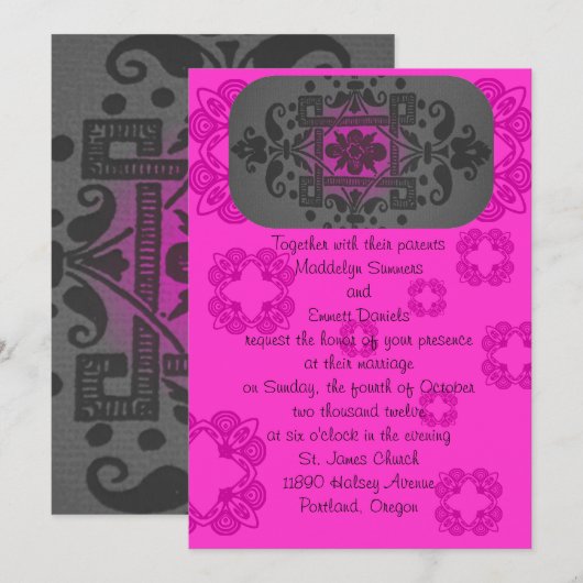 Invitation Fuschia et mariage gris (Devant / Derrière)