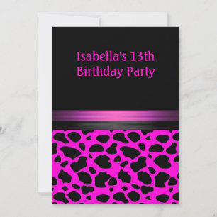 Invitation Fuschia rose noir motif animal pour 13ème annivers