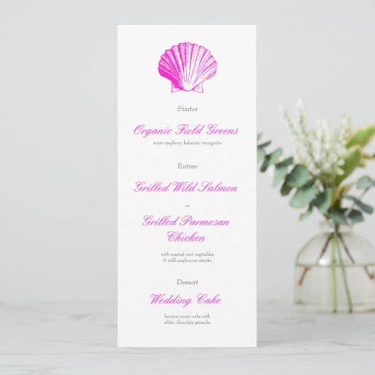 Invitation Fuscia Pink Seashell Mariage Réception Dîner Menu (Debout devant)