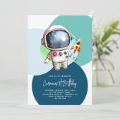 Invitation Fusée de Lune d'Astronaute Bleu 1er Anniversaire (Debout devant)