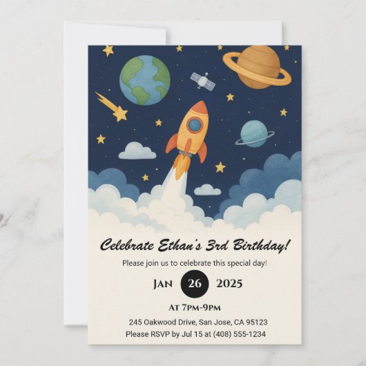 Invitation Fusée mignonne et anniversaire de l'art spatial de (Devant)