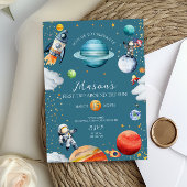 Invitation Fusée spatiale bleue & Astronaute 1er voyage autou