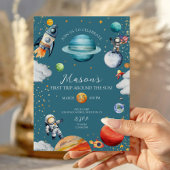 Invitation Fusée spatiale bleue & Astronaute 1er voyage autou