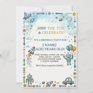 Invitation Fusée spatiale colorée et robot pour joyeux annive