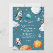 Invitation Fusée spatiale extérieure bleue et anniversaire de (Devant)