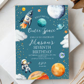 Invitation Fusée spatiale extérieure bleue et anniversaire de