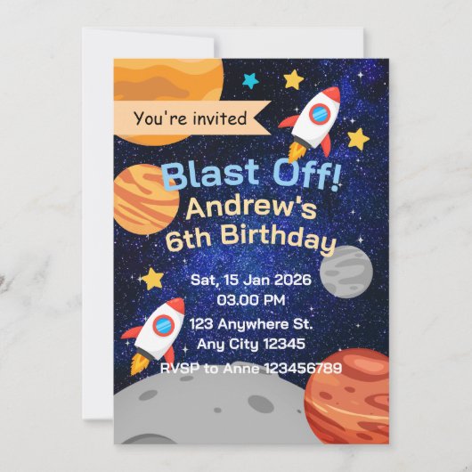 Invitation Fusée spatiale pour l'anniversaire des garçons (Devant)