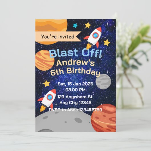 Invitation Fusée spatiale pour l'anniversaire des garçons (Debout devant)