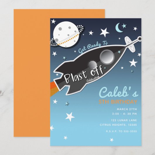 Invitation Fusée spatiale qui décolle pour une fête d'anniver (Devant / Derrière)