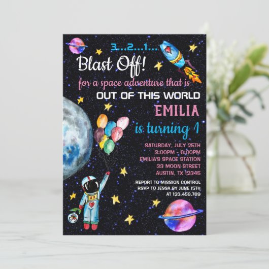 Invitation Fusées de l'astronaute spatiale rose Rainbow Ballo (Debout devant)