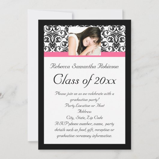 Invitation Fushcia Damask Pink and Black Graduation (Devant)
