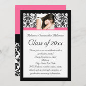 Invitation Fushcia Damask Pink and Black Graduation (Devant / Derrière)