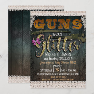 Invitation FUSILS ET PAILLETTE Broderie Bois Rustique Baby Sh