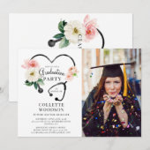 Invitation Futur Docteur Grad Party Photo Floral Stethoscope (Devant / Derrière)