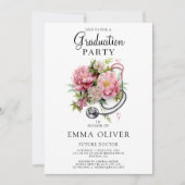 Invitation Futur Docteur Pink Floral Stethoscope Graduation (Devant)