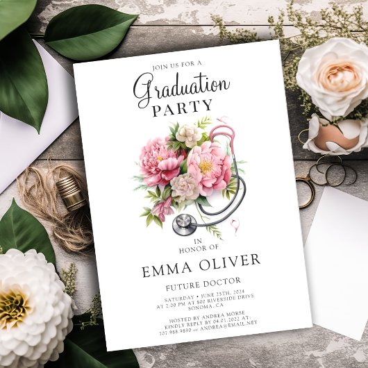 Invitation Futur Docteur Pink Floral Stethoscope Graduation