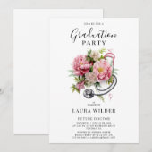 Invitation Futur Docteur Pink Floral Stethoscope Graduation (Devant / Derrière)