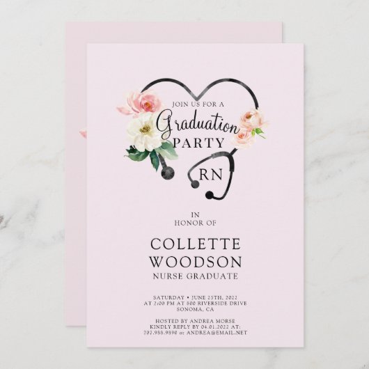 Invitation Futur Infirmière Diplôme Floral Stethoscope rose (Devant / Derrière)