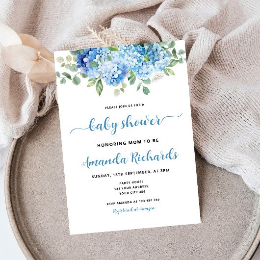 Invitation Futur Maman Shower Bébé à l'Hydrangea Bleu