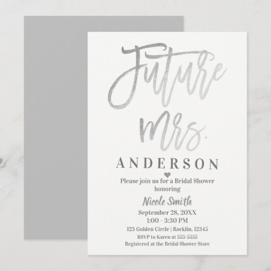 Invitation Futur Mme Silver Mariage Script Shower de Fiançail (Devant / Derrière)