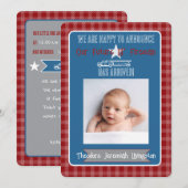 Invitation Futur petit pompier - Annonce de naissance gingham (Devant / Derrière)