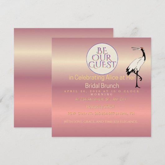Invitation 'Future mariée' avec feuillage rose et (Devant / Derrière)