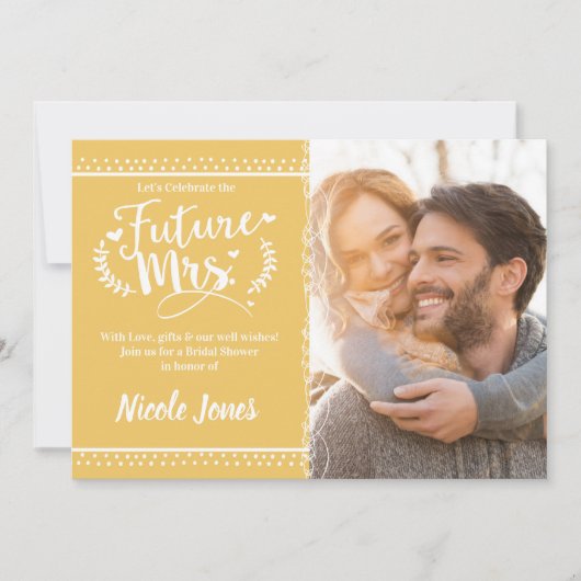Invitation FUTURE MRS. Fête des mariées jaune or blanc photo (Devant)