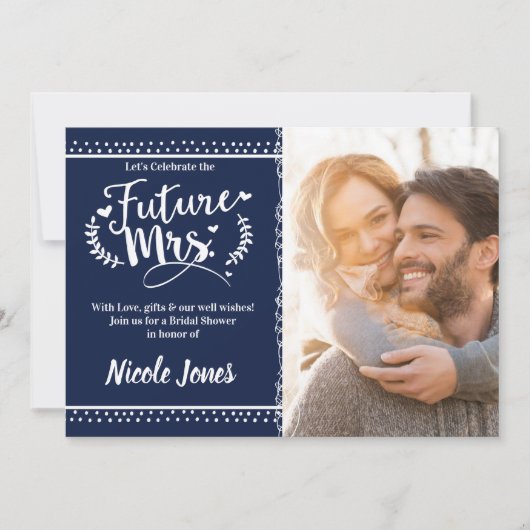 Invitation FUTURE MRS. Photo Fête des mariées bleue et blanch (Devant)