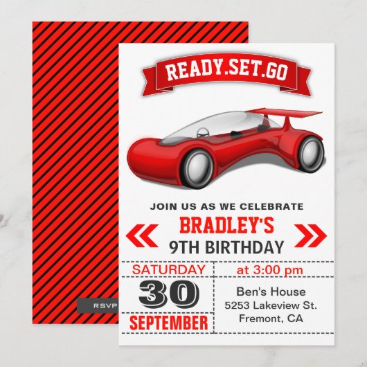 Invitation Futuriste moderne Red Sports voiture fête d'annive (Devant / Derrière)