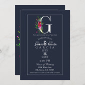 Invitation G Monogramme Dernier initial bleu Floral Mariage (Devant / Derrière)