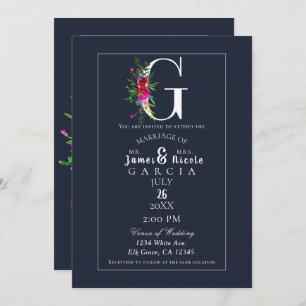 Invitation G Monogramme Dernier initial bleu Floral Mariage