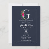 Invitation G Monogramme Dernière Initiale Moderne Bleu Floral (Devant)