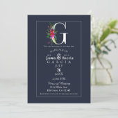 Invitation G Monogramme Dernière Initiale Moderne Bleu Floral (Debout devant)