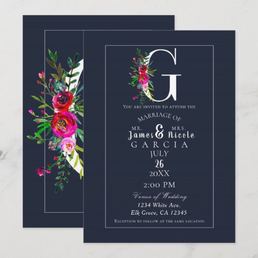 Invitation G Monogramme Dernière Initiale Moderne Bleu Floral (Devant / Derrière)