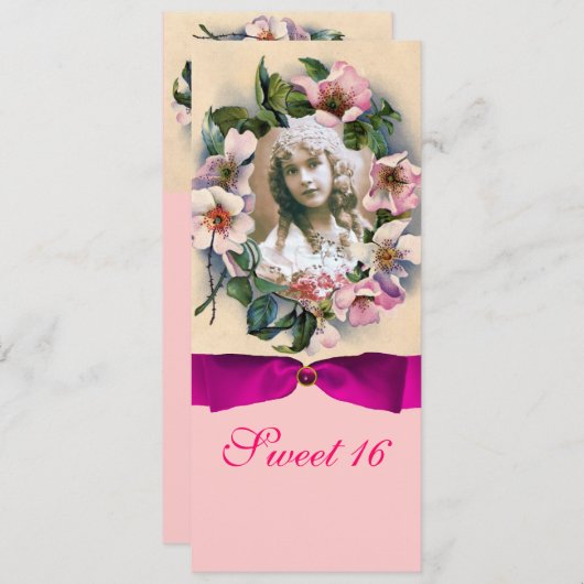 INVITATION GABARIT DE PHOTO AUX ROSES SAUVAGES ET RUBAN ROSE (Devant / Derrière)