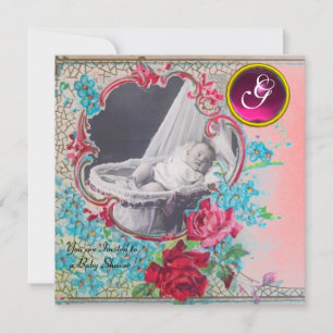 Invitation GABARIT DE PHOTO DE BABY-SHOWER AVEC INITIALES, bl