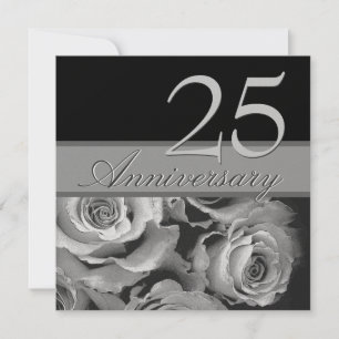 Invitation Gabarit métallisé Roses Argent 25e Anniversaire